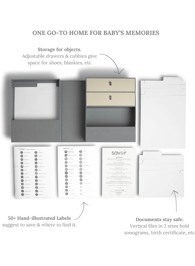 Savor | The Vault Baby Keepsake Box | Slate Gray - Customizable Newborn Memory Box w/ 2 Drawers, 7 compartments and 10 folders for Baby's Treasured Memories, Baby Shower, First Birthday - Image 4